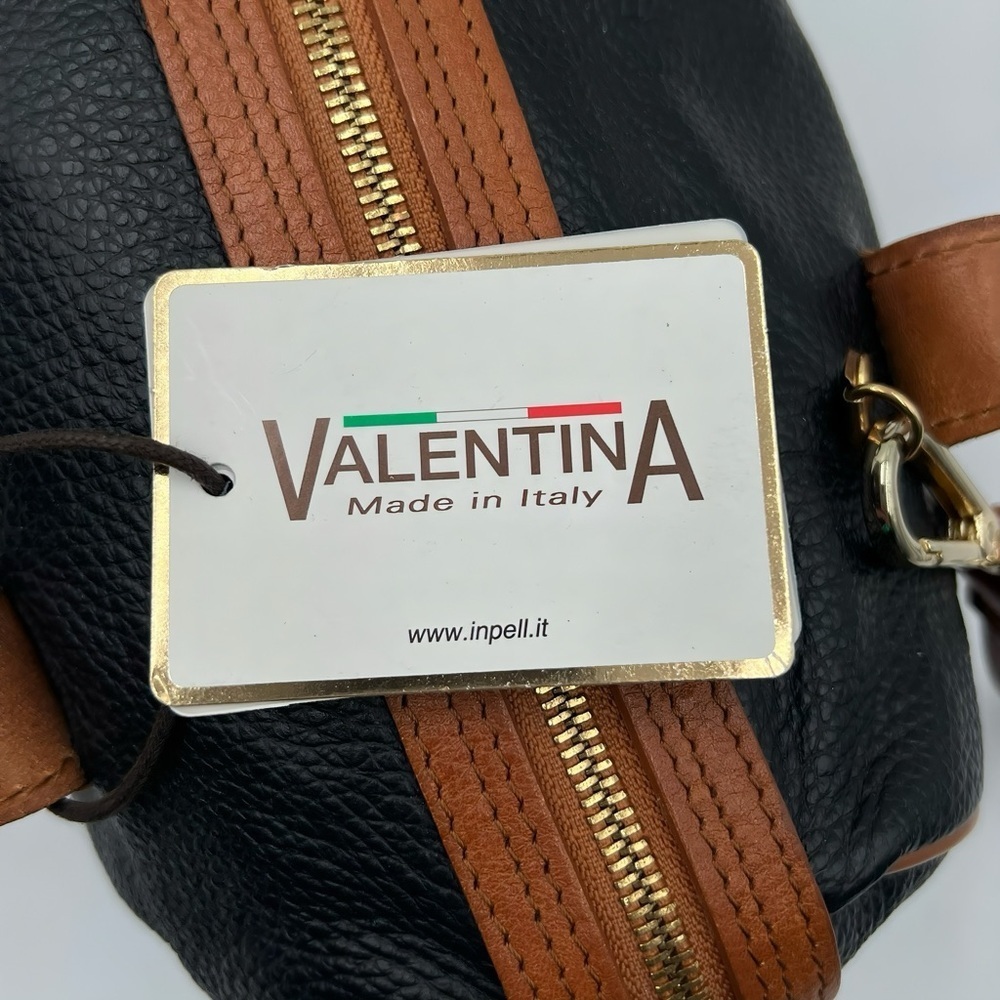 Valentina Pebbled Italian Leather Satchel Bag Navy Tan Top Handle Crossbody - Picture 12 of 14